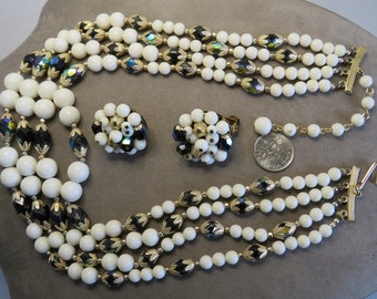 Vintage Black & White Bead 4 Strand Choker Necklace and Clip Earrings Set.   UG27