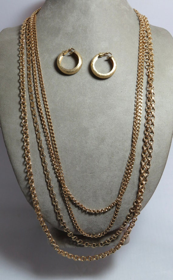 NAPIER Signed Multi Strand Gold Chain Necklace & C