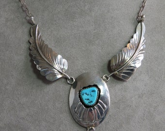 Native American Artisan Signed Sterling Silver & Turquoise Necklace w/Feather Dangle.   WS24