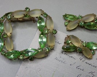 Double-Square Green Marquise Rhinestone Brooch & Clip Earrings Set    QBC44