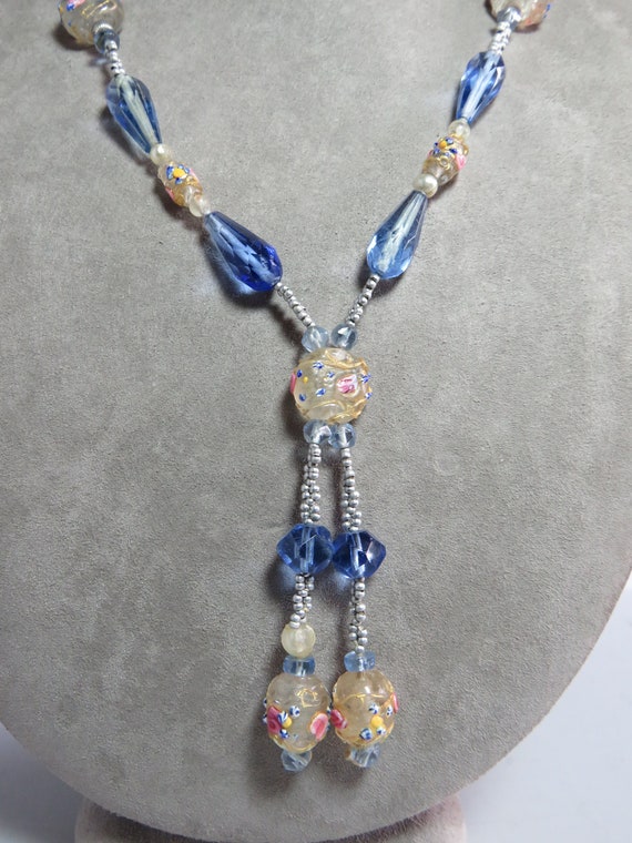 1920s Flapper Necklace w/ Wedding Cake & Blue Gla… - image 3