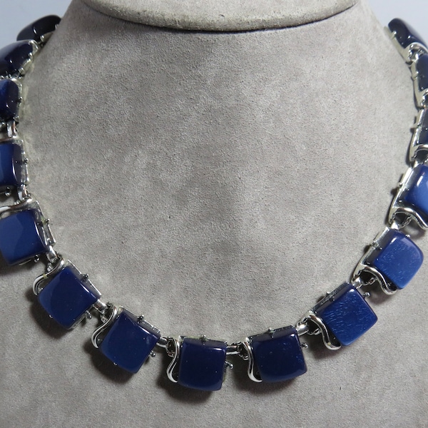 1956 Vintage CORO Silver & Navy Blue Thermoset Choker Necklace and Clip Earrings Set.   UCE5