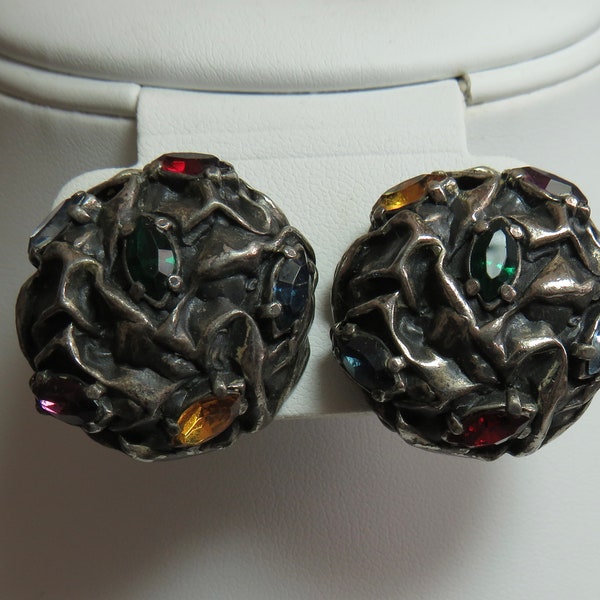 ELSA SCHIAPARELLI Signed Modernist Textured Silver Clip Earrings w/ Colorful Stones   UCQ17