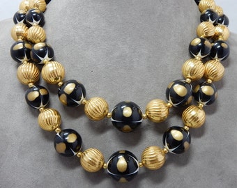 Chunky 2 Strand TRIFARI Black & Gold Bead Necklace and Clip Earring Set PAH6
