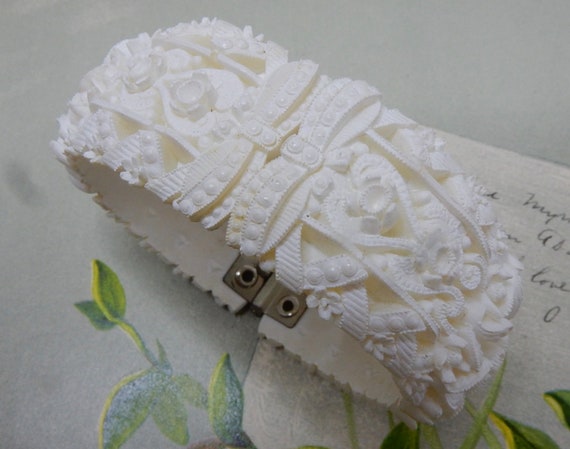 Vintage White Carved Celluloid Flower Design Clam… - image 1