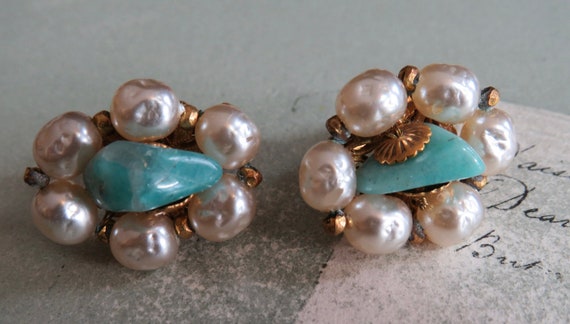 MIRIAM HASKELL Signed Gold, Pearl & Turquoise Cli… - image 1