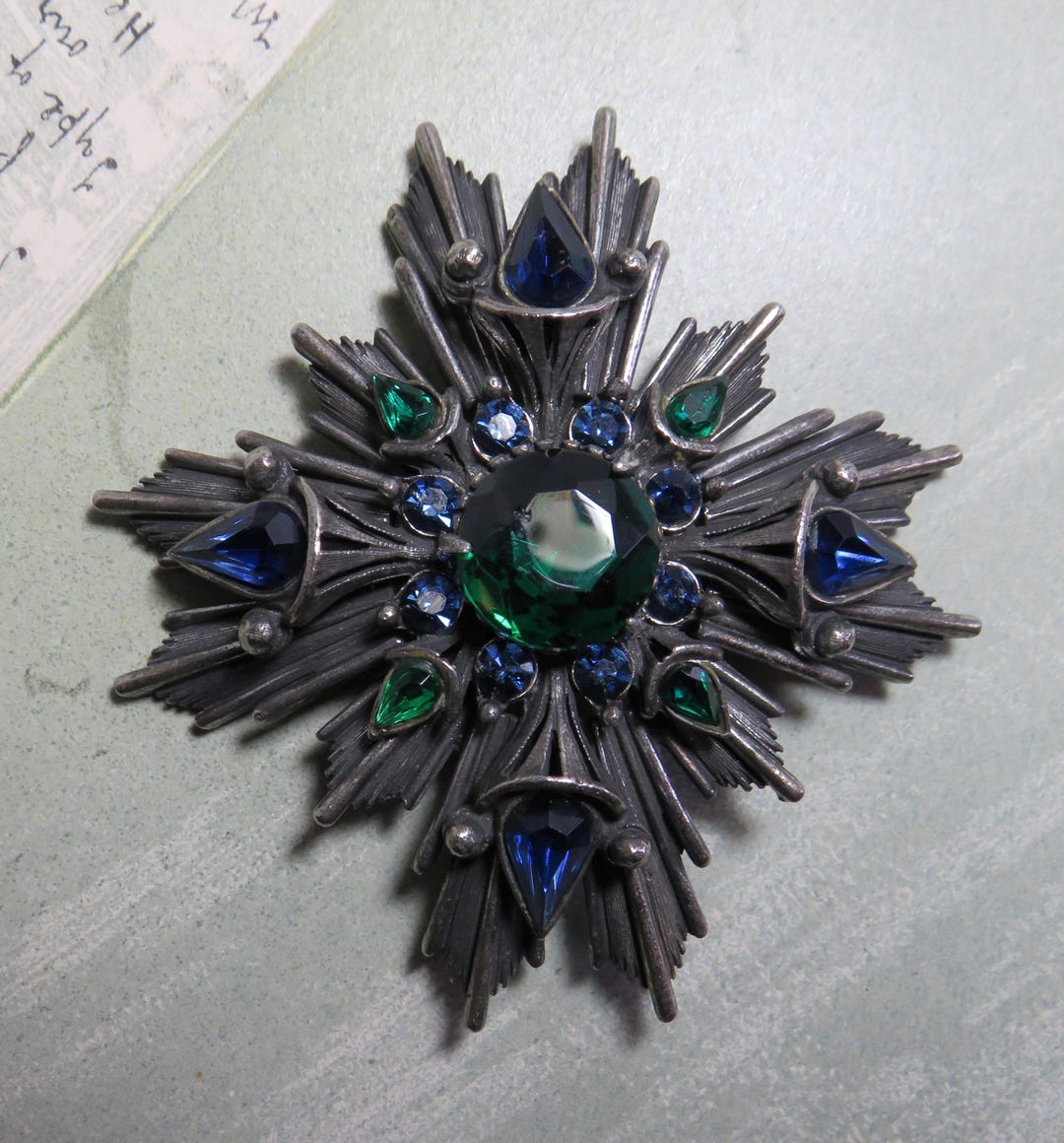 FLORENZA Maltese Cross Pewter Tone Brooch W/blue & Green