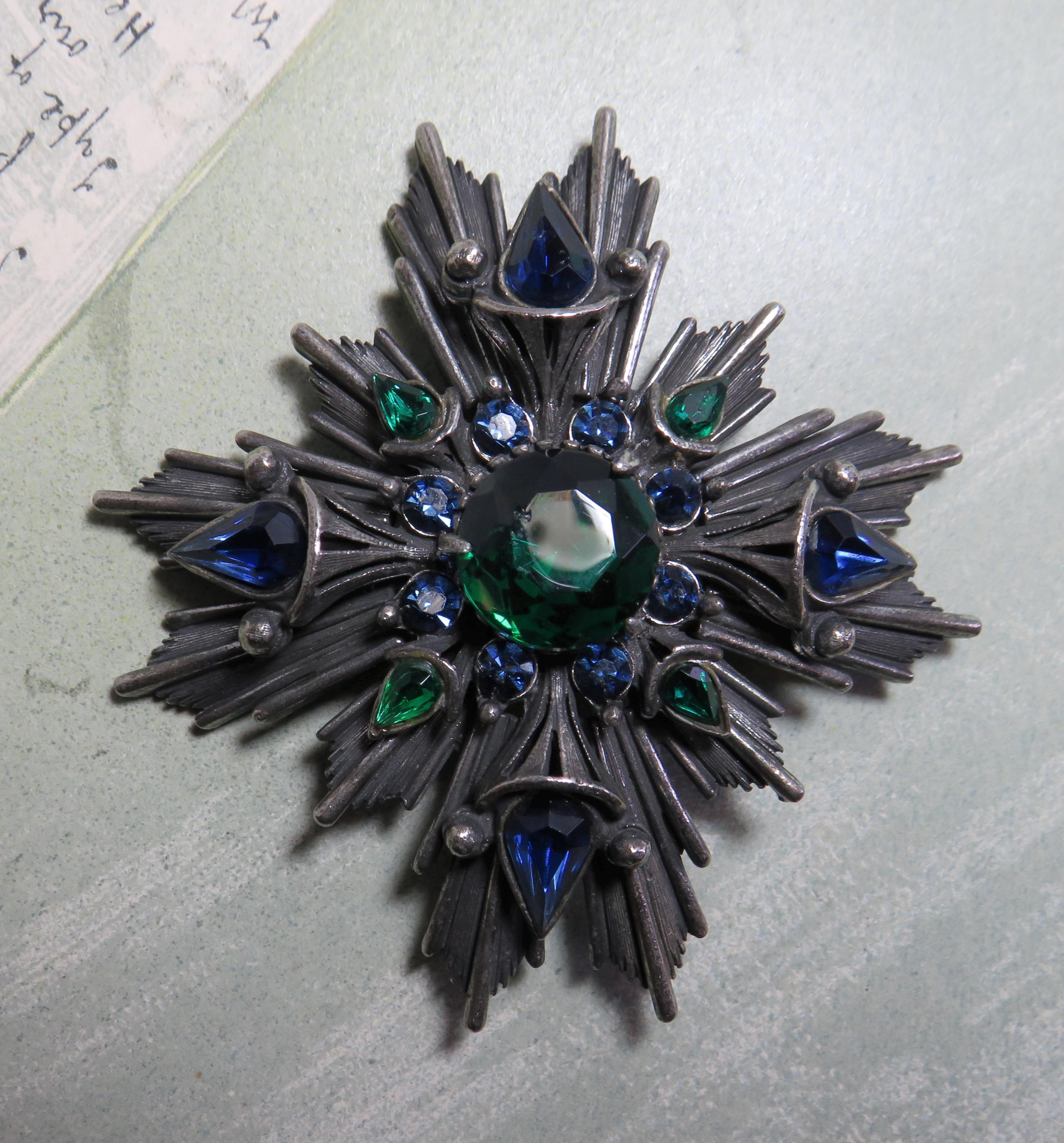 FLORENZA Maltese Cross Pewter Tone Brooch W/blue & Green