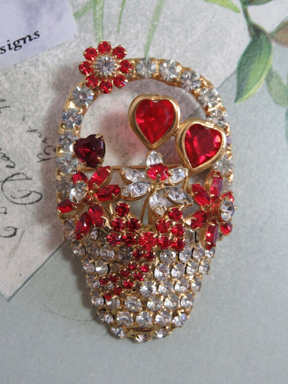 DOROTHY BAUER Signed Rhinestone Red Heart Flower … - image 3