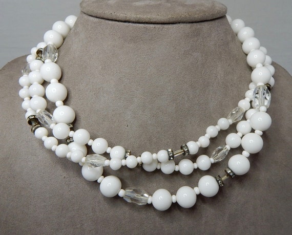MIRIAM HASKELL Signed 3 Strand White Glass Bead &… - image 1