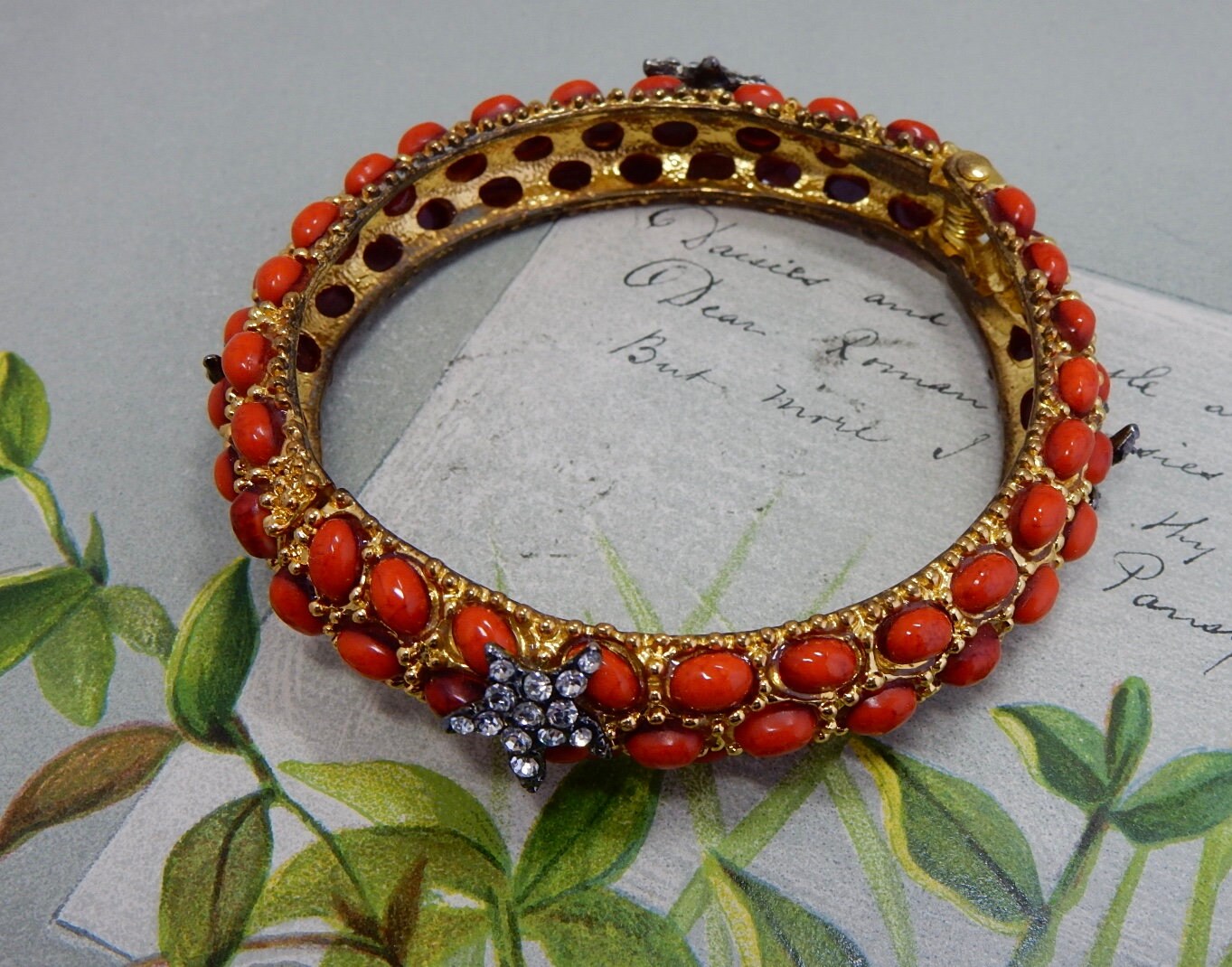 Gold Clamper Bracelet W/ Coral Cabochons & Rhinestone