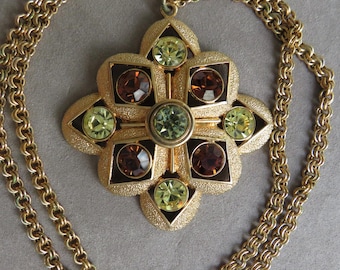 Vintage SARAH COVENTRY Signed Topaz Snowflake Rhinestone Pendant Necklace    ZG50