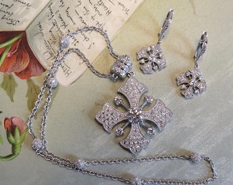 Signed Joseph Esposito Diamonique 925 Sterling Silver Maltese Cross Necklace & Earrings Set.   ZAK##