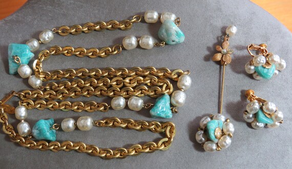 MIRIAM HASKELL Signed Gold, Pearl & Turquoise Cli… - image 5