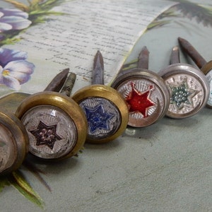 6 Colorful Antique Victorian Sulfide Glass Head Picture Nails Hangers Lot w/ Stars    NCG20