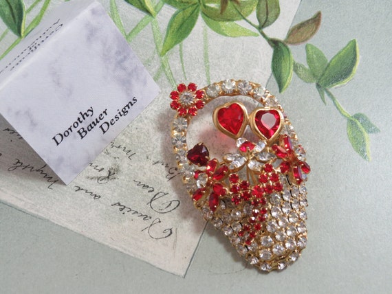 DOROTHY BAUER Signed Rhinestone Red Heart Flower … - image 1