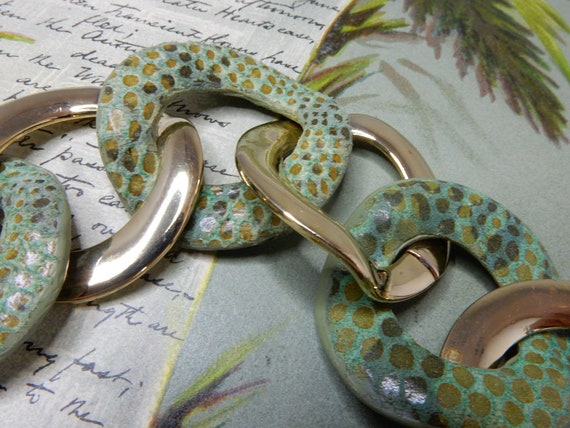 MONET Signed Gold & Green Snake Skin Link Bracele… - image 2