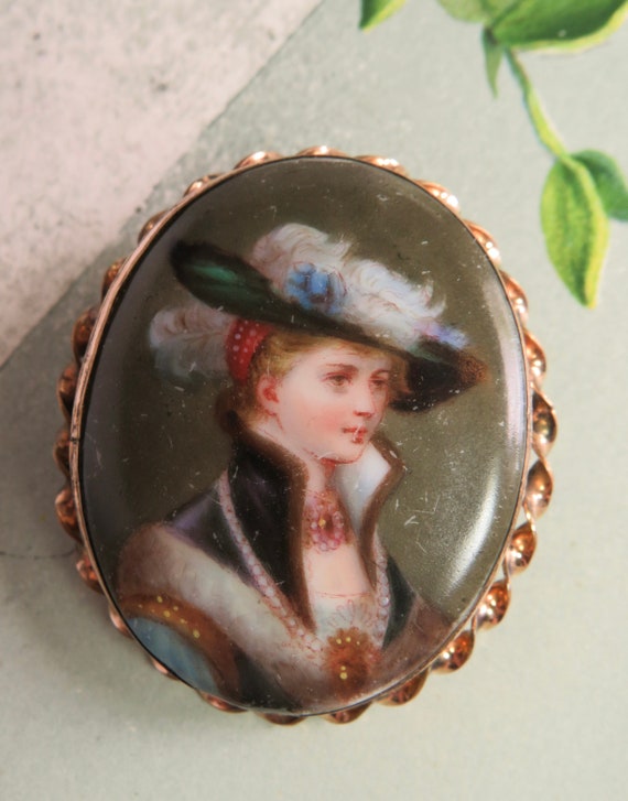 Antique Hand Painted Lady w/ Hat Portrait Brooch … - image 1