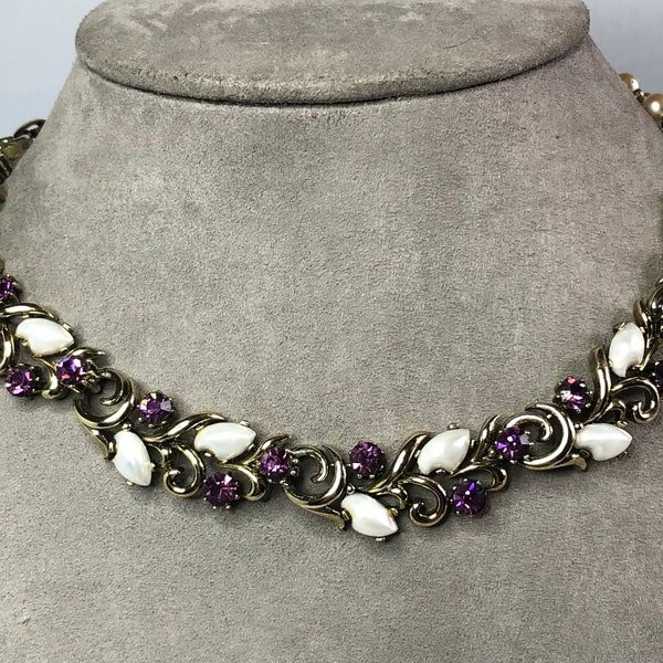 LISNER Signed Amethyst Rhinestone & Baby Tooth Gold Cocktail Choker Necklace     TCG22