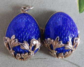 Royal Blue Guilloche Enamel Russian Egg Locket Pendant Charm    ZAK32