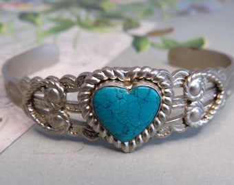 SouthWestern Fred Harvey Style Trading Post Stamped Silver & Turquoise Bracelet     UG35