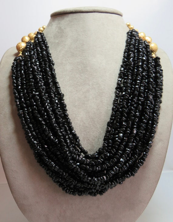 JONNÉ Signed Black Multi Strand Necklace w/Gold B… - image 2