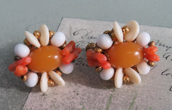 MIRIAM HASKELL Signed Gold & Coral Clip Earrings … - image 4