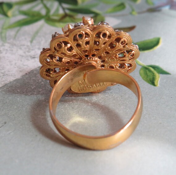 MIRIAM HASKELL Signed Gold Ring W/ Rhinestones & Faux Pearls