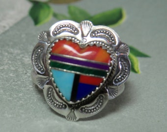 Signed Stamped Sterling Silver Heart RING w/ Inlaid Zuni Mosaic Gemstones Size 7    UCT15