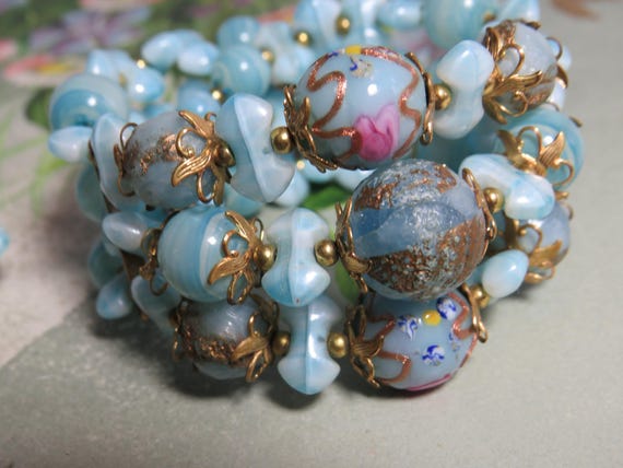 Miriam Haskell Style Blue Bead & Memory Wire Brac… - image 2