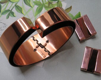 RENOIR Signed Hinged Copper Clamper Cuff Bracelet & Clip Earrings Set w/ Abstract Modern Design    TBL39