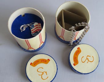 SARAH COVENTRY 1776-1976 Bicentennial Flag Charm & Silver Chain in Original Drum Boxes.   ZG50