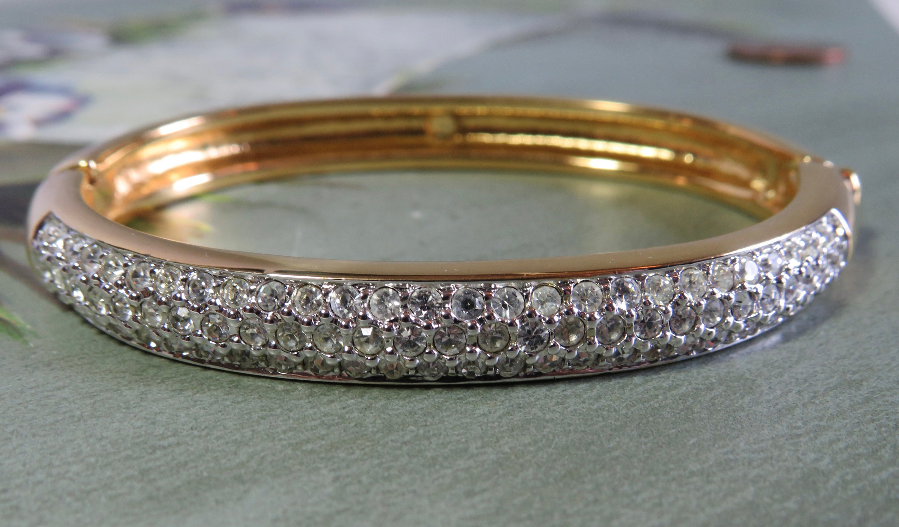 Swarovski Swan Signed Crystal Gold Plated Oval Hinged Bangle  Swan Signed Swarovski Hinged Bangle Bracelet‎ Gold Black Crystal main image 2
