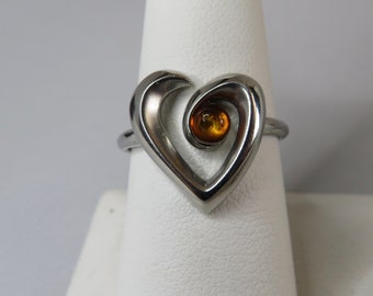 SKAGEN Denmark Signed Stainless Heart Ring w/ Amber Cabochon Size 8    TA22