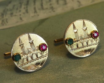 14k Gold Cufflinks w/ Architectural Design, Ruby & Emerald Stones.   ZAK38