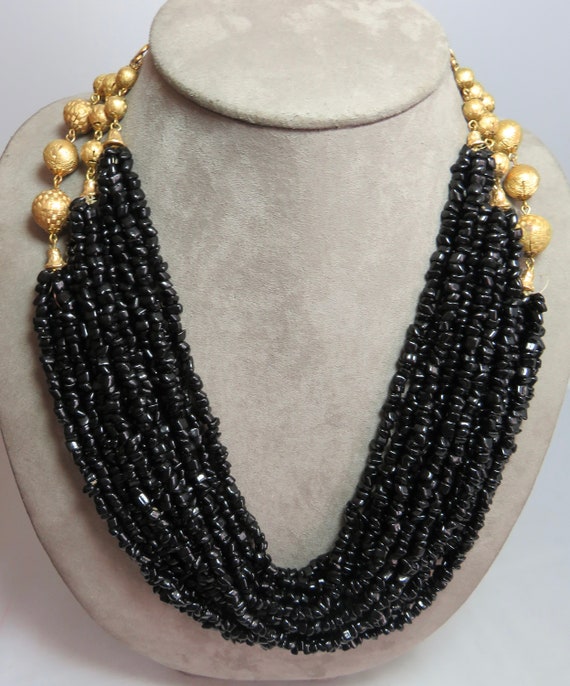 JONNÉ Signed Black Multi Strand Necklace w/Gold B… - image 1