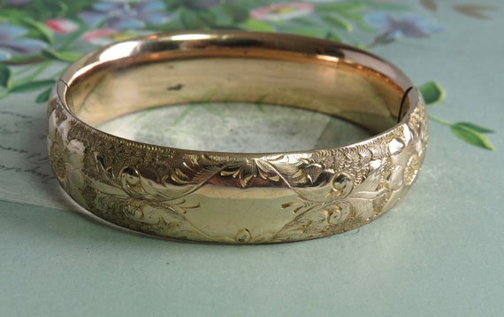 Wide Victorian Gold Filled Etched Hinged Bangle B… - image 1