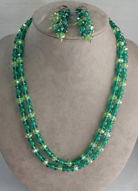 2 Strand Two-Tone Green Glass Crystal Necklace & D