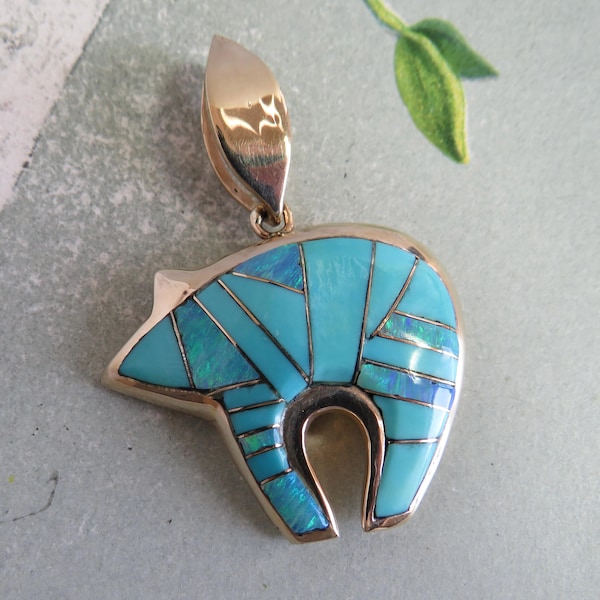 Zuni Artisan Made 14k Gold Turquoise Opal Spirit Bear Pendant or Charm    XP49