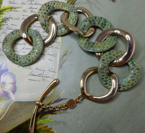 MONET Signed Gold & Green Snake Skin Link Bracele… - image 1