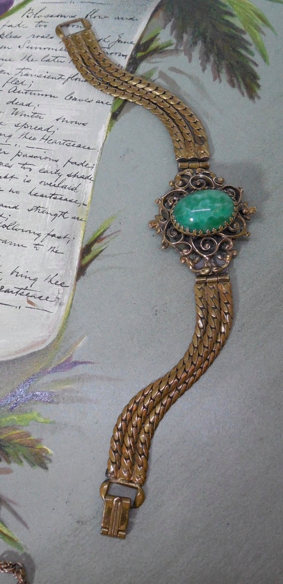 Vintage Green Cabochon Bracelet Pendant & Earring… - image 2