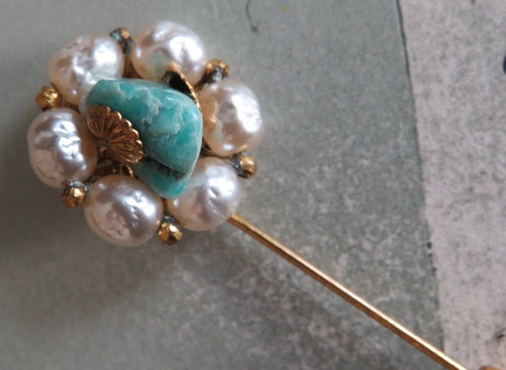 MIRIAM HASKELL Signed Gold, Pearl & Turquoise Sti… - image 2