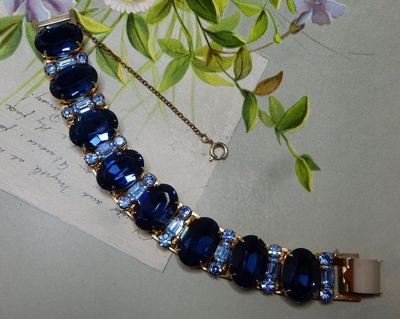 Vintage Dress Clip Blue Mottled Stone Cobalt Blue Rhinestones, Goldtone,  Dangles
