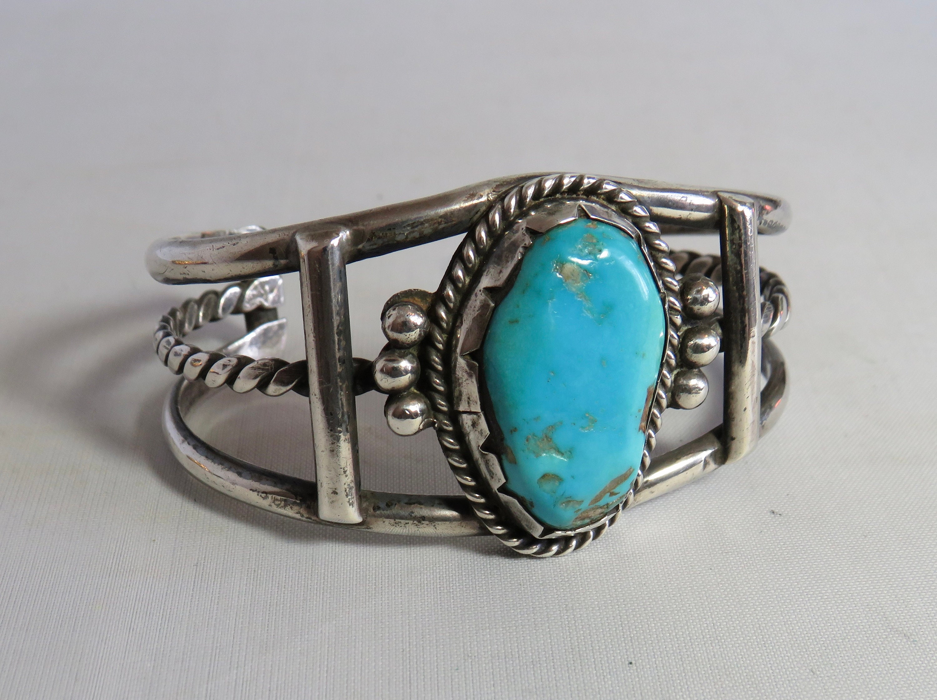 Wide Navajo Sterling Silver & Turquoise Cuff Bracelet 44 Grams