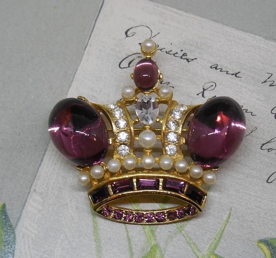Amethyst Cabochon Crown Brooch & Clip On Earring … - image 2