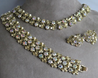 1960s CORO Signed Parure w/ Gold Clovers and Aurora Borealis Rhinestone Necklace Earrings Bracelet Set by Adolf Katz    ZAK52