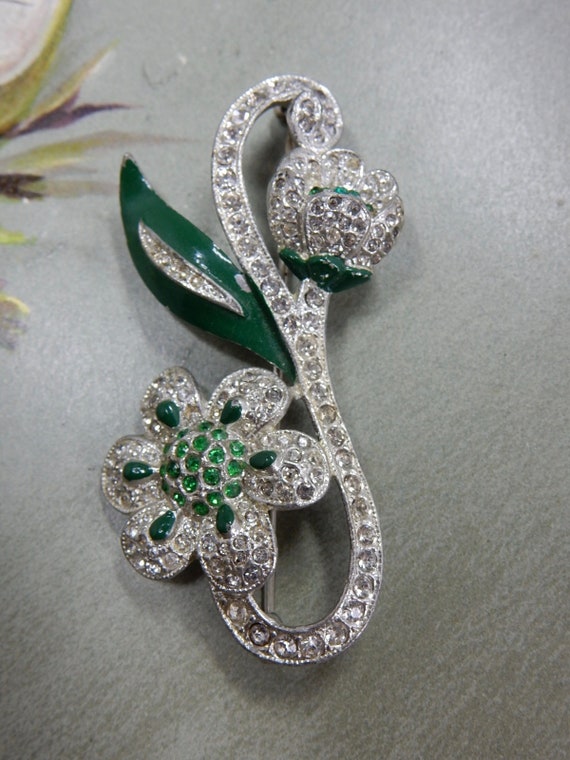 1940s Vintage CORO Green Enamel & Rhinestone Flow… - image 2