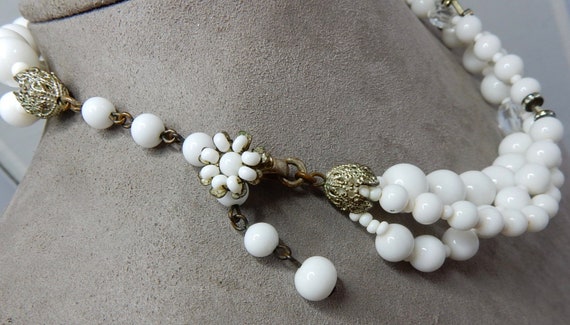 MIRIAM HASKELL Signed 3 Strand White Glass Bead &… - image 3