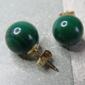 14k Fine Yellow Gold & Green Malachite Ball Post Earrings.   TBL16