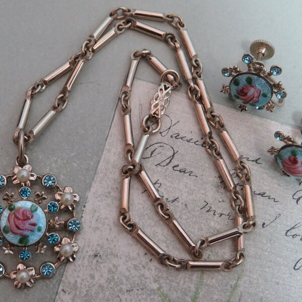 Blue & Pink Rose Guilloche Enamel Pendant and Earrings Set    UCK42